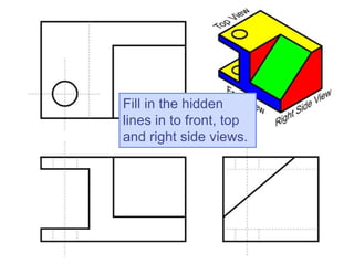 Fill in the hidden
lines in to front, top
and right side views.
 