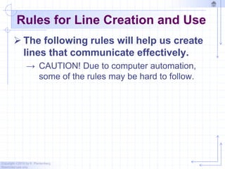 Copyright ©2010 by K. Plantenberg
Restricted use only
Rules for Line Creation and Use
 The following rules will help us create
lines that communicate effectively.
→ CAUTION! Due to computer automation,
some of the rules may be hard to follow.
 