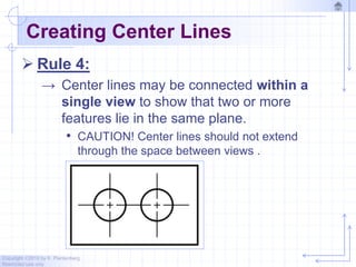 Copyright ©2010 by K. Plantenberg
Restricted use only
Creating Center Lines
 Rule 4:
→ Center lines may be connected within a
single view to show that two or more
features lie in the same plane.
• CAUTION! Center lines should not extend
through the space between views .
 