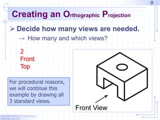 Copyright ©2010 by K. Plantenberg
Restricted use only
Creating an Orthographic Projection
 Decide how many views are needed.
→ How many and which views?
2
Front
Top
For procedural reasons,
we will continue this
example by drawing all
3 standard views.
 