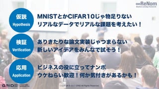 Copyright © 2017 GRID All Rights Reserved.
検証
Veriﬁcation
仮説
Hypothesis
応用
Application
MNISTとかCIFAR10じゃ物足りない
リアルなデータでリアルな課題を考えたい！
ありきたりな論文実装じゃつまらない
新しいアイデアをみんなで試そう！
ビジネスの役に立ってナンボ
ウケねらい歓迎！何か気付きがあるかも！
 