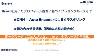 Copyright © 2017 GRID All Rights Reserved.
Example
★CNN + Auto Encoderによるクラスタリング
★組み合わせ最適化（距離の総和の最大化）
同一グループに似た人がいない かつ 全グループが平均化
顔写真以外にも属性を加えたら…？
似た人だけを集めたら…？
ReNomを用いたプロフィール画像に基づくプレゼングループ分け
 