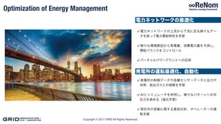 Copyright © 2017 GRID All Rights Reserved.
Optimization of Energy Management
電力ネットワークの最適化
発電所の運転最適化、自動化
電力ネットワークの上流から下流に至る様々なデー
タを使って電力需給特性を学習
様々な環境要因から発電量、消費電力量を予測し、
需給バランスをコントロール
バーチャルパワープラントへの応用
発電所の制御データや各種センサーデータと出力や
効率、排出ガスとの相関を学習
AIとシミュレータを併用し、様々なパターンへの対
応力を高める（強化学習）
想定外の変動に関する要因分析、オペレーターの運
転支援
 