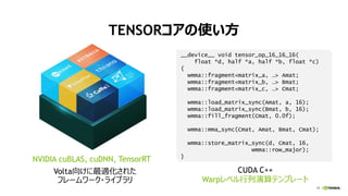 19
TENSORコアの使い方
Volta向けに最適化された
フレームワーク・ライブラリ
__device__ void tensor_op_16_16_16(
float *d, half *a, half *b, float *c)
{
wmma::fragment<matrix_a, …> Amat;
wmma::fragment<matrix_b, …> Bmat;
wmma::fragment<matrix_c, …> Cmat;
wmma::load_matrix_sync(Amat, a, 16);
wmma::load_matrix_sync(Bmat, b, 16);
wmma::fill_fragment(Cmat, 0.0f);
wmma::mma_sync(Cmat, Amat, Bmat, Cmat);
wmma::store_matrix_sync(d, Cmat, 16,
wmma::row_major);
}
CUDA C++
Warpレベル行列演算テンプレート
NVIDIA cuBLAS, cuDNN, TensorRT
 