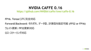 21
NVIDIA CAFFE 0.16
FP16、Tensorコアに完全対応
ForwardとBackward: それぞれ、データ型、計算型を指定可能 (FP32 or FP16)
ウェイト更新: FP32更新対応
ロス・スケーリング対応
https://github.com/NVIDIA/caffe/tree/caffe-0.16
 