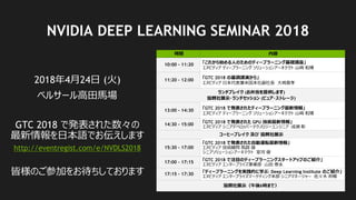44
NVIDIA DEEP LEARNING SEMINAR 2018
時間 内容
10:00 – 11:20 「これから始める人のためのディープラーニング基礎講座」
エヌビディア ディープラーニング ソリューションアーキテクト 山崎 和博
11:20 – 12:00
「GTC 2018 の基調講演から」
エヌビディア 日本代表兼米国本社副社長 大崎真孝
ランチブレイク (お弁当を提供します)
協賛社展示・ランチセッション (ピュア・ストレージ)
13:00 – 14:30 「GTC 2018 で発表されたディープラーニング最新情報」
エヌビディア ディープラーニング ソリューションアーキテクト 山崎 和博
14:30 – 15:00
「GTC 2018 で発表された GPU 技術最新情報」
エヌビディア シニアデベロッパーテクノロジーエンジニア 成瀬 彰
コーヒーブレイク 及び 協賛社展示
15:30 – 17:00
「GTC 2018 で発表された自動運転最新情報」
エヌビディア 技術顧問 馬路 徹
シニアソリューションアーキテクト 室河 徹
17:00 – 17:15
「GTC 2018 で注目のディープラーニングスタートアップのご紹介」
エヌビディア エンタープライズ事業部 山田 泰永
17:15 – 17:30
「ディープラーニングを実践的に学ぶ: Deep Learning Institute のご紹介」
エヌビディア エンタープライズマーケティング本部 シニアマネージャー 佐々木 邦暢
協賛社展示（午後6時まで）
2018年4月24日 (火)
http://eventregist.com/e/NVDLS2018
ベルサール高田馬場
GTC 2018 で発表された数々の
最新情報を日本語でお伝えします
皆様のご参加をお待ちしております
 