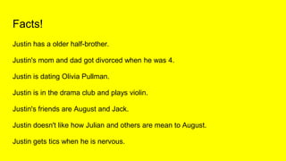 Facts!
Justin has a older half-brother.
Justin's mom and dad got divorced when he was 4.
Justin is dating Olivia Pullman.
Justin is in the drama club and plays violin.
Justin's friends are August and Jack.
Justin doesn't like how Julian and others are mean to August.
Justin gets tics when he is nervous.
 