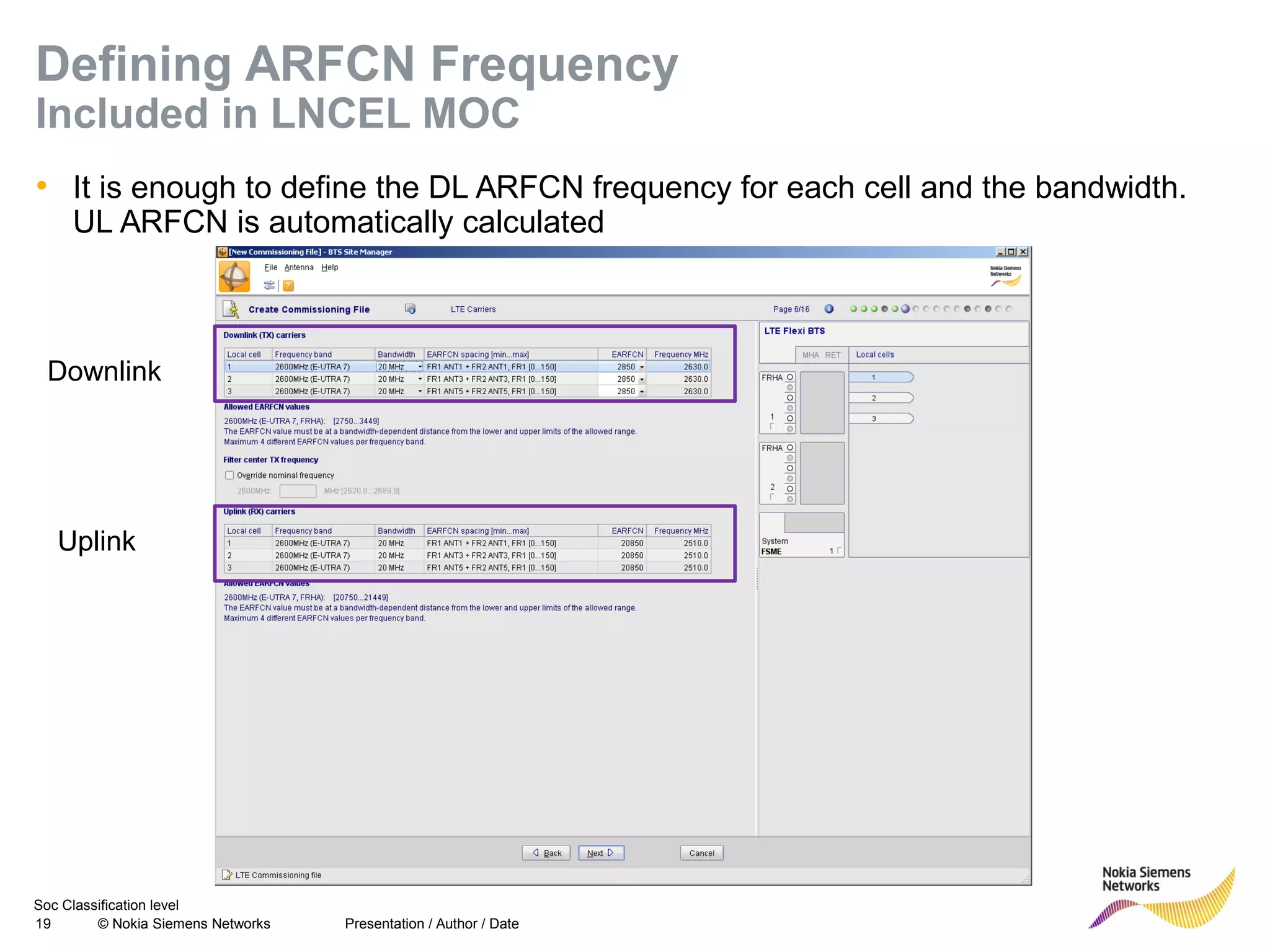Soc Classification level
19 © Nokia Siemens Networks
Defining ARFCN Frequency
Included in LNCEL MOC
• It is enough to define the DL ARFCN frequency for each cell and the bandwidth.
UL ARFCN is automatically calculated
Presentation / Author / Date
Downlink
Uplink
 