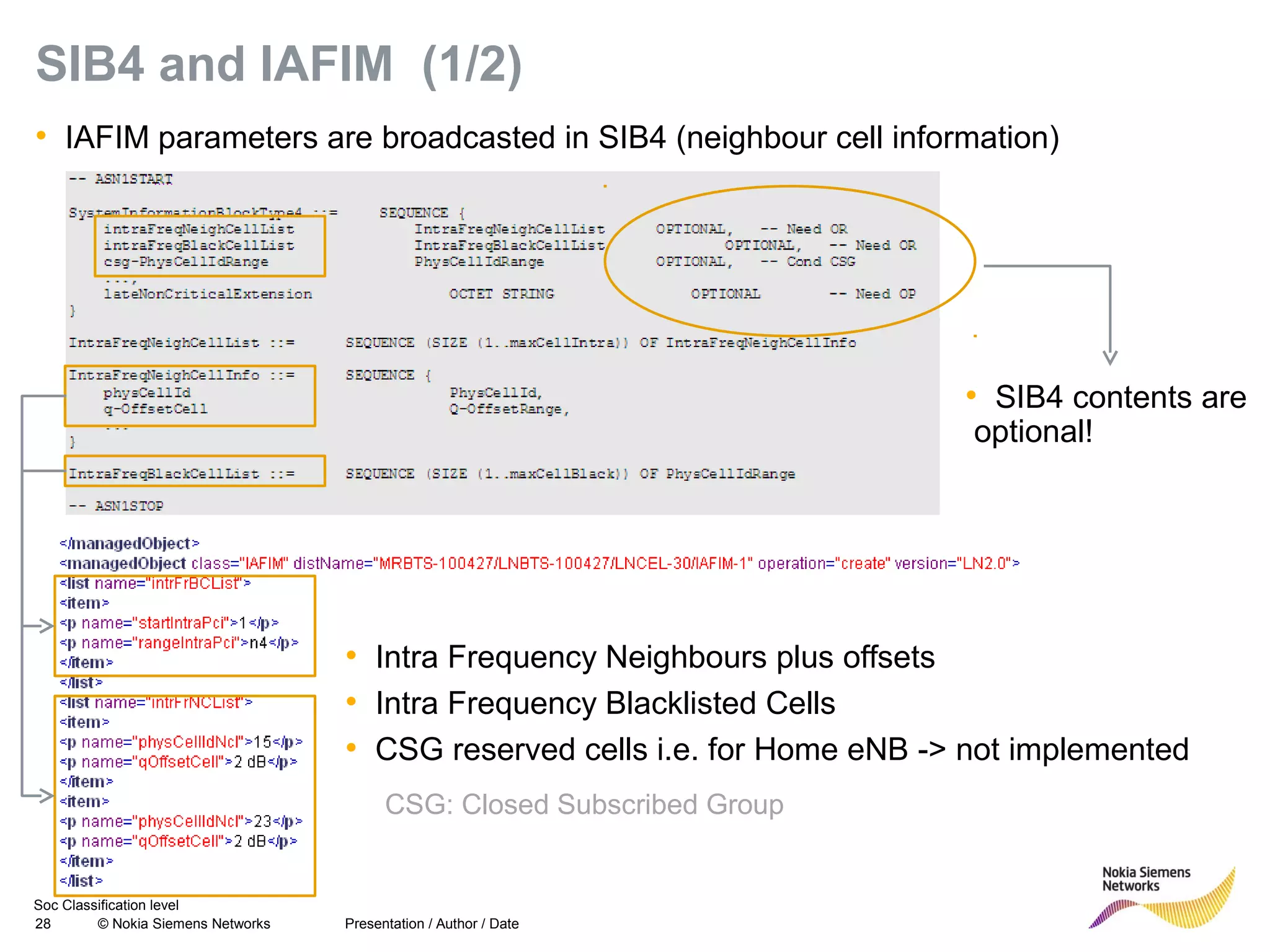 Soc Classification level
28 © Nokia Siemens Networks
SIB4 and IAFIM (1/2)
• IAFIM parameters are broadcasted in SIB4 (neighbour cell information)
Presentation / Author / Date
• SIB4 contents are
optional!
• Intra Frequency Neighbours plus offsets
• Intra Frequency Blacklisted Cells
• CSG reserved cells i.e. for Home eNB -> not implemented
CSG: Closed Subscribed Group
 