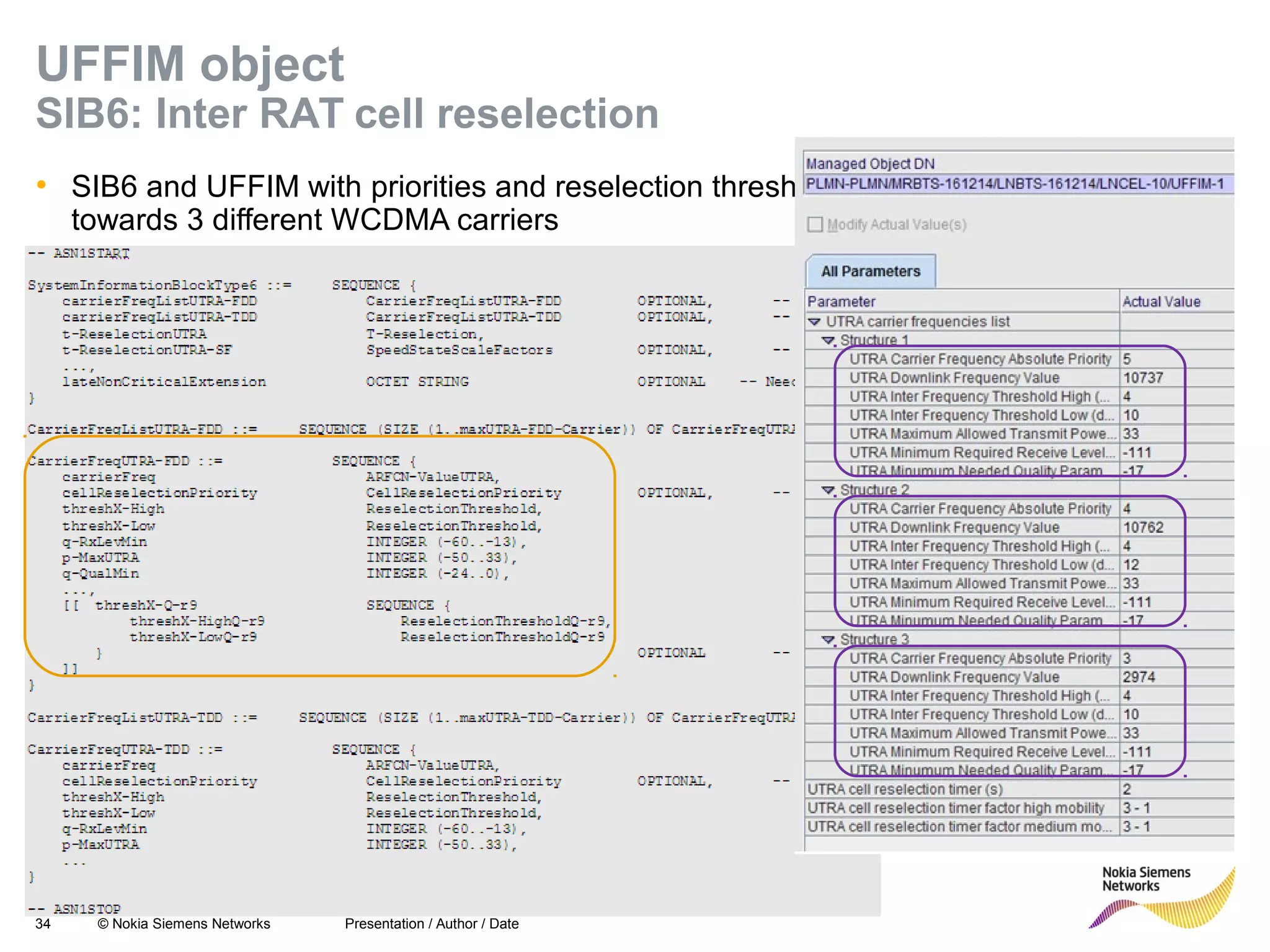 Soc Classification level
34 © Nokia Siemens Networks
UFFIM object
SIB6: Inter RAT cell reselection
• SIB6 and UFFIM with priorities and reselection thresholds
towards 3 different WCDMA carriers
Presentation / Author / Date
 