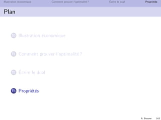 N. Brauner 142
Illustration ´economique Comment prouver l’optimalit´e ? ´Ecrire le dual Propri´et´es
´Ecrire le dual
´Ecrire le programme dual
max z = 4x1 + 5x2 + 2x3
2x1 + 4x2 = 3
2x3 ≥ 2
3x1 + x2 + x3 ≤ 2
x2 + x3 ≤ 1
x1 ≥ 0 x2 ≤ 0 x3 ≥ 0
 