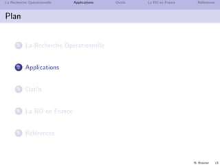 N. Brauner 13
La Recherche Op´erationnelle Applications Outils La RO en France R´ef´erences
Plan
1 La Recherche Op´erationnelle
2 Applications
3 Outils
4 La RO en France
5 R´ef´erences
 
