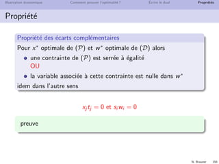 N. Brauner 148
Illustration ´economique Comment prouver l’optimalit´e ? ´Ecrire le dual Propri´et´es
Propri´et´e des ´ecarts compl´ementaires
Pour l’exemple des vitamines
´ecrire le primal avec les variables d’´ecart (si )
´ecrire le dual avec les variables d’´ecart (ti )
trouver une solution du primal optimale
trouver une solution du dual optimale
´ecrire les paires de variables (si , wi ) et (xj , tj )
que remarquez-vous ?
 