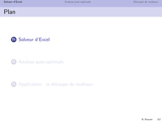 N. Brauner 156
Solveur d’Excel Analyse post-optimale D´ecoupe de rouleaux
Plan
14 Solveur d’Excel
15 Analyse post-optimale
16 Application : la d´ecoupe de rouleaux
 