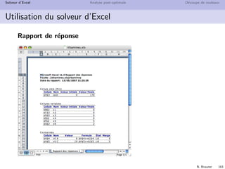 N. Brauner 162
Solveur d’Excel Analyse post-optimale D´ecoupe de rouleaux
Utilisation du solveur d’Excel
R´esultat
 