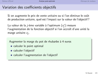 N. Brauner 171
Solveur d’Excel Analyse post-optimale D´ecoupe de rouleaux
Variation des seconds membres : analyse de sensibilit´e
Calcul des limites de validit´e des prix cach´es
Jusqu’o`u peut-on monter (ou descendre) ces valeurs avec les
mˆemes coˆuts r´eduits ?
De combien peut-on diminuer la quantit´e de rhubarbe avec le
mˆeme prix cach´e ?
Donner le domaine de validit´e du prix cach´e de la rhubarbe.
Calculez les intervalles pour les fraises et le sucre.
Pour les contraintes non serr´ees, quel est le prix cach´e ?
C¸a vous rappelle quelque chose ?
 