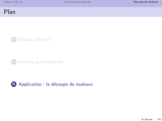 N. Brauner 174
Solveur d’Excel Analyse post-optimale D´ecoupe de rouleaux
L’analyse de sensibilit´e dans Excel
 