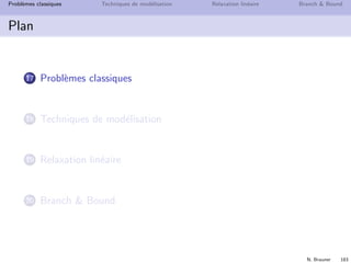 N. Brauner 182
Probl`emes classiques Techniques de mod´elisation Relaxation lin´eaire Branch  Bound
Plan
17 Probl`emes classiques
18 Techniques de mod´elisation
19 Relaxation lin´eaire
20 Branch  Bound
 