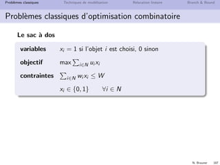 N. Brauner 186
Probl`emes classiques Techniques de mod´elisation Relaxation lin´eaire Branch  Bound
Probl`emes classiques d’optimisation combinatoire
Le sac `a dos
Probl`eme d’optimisation classique
Utiliser au mieux une capacit´e
Choix d’un portefeuille
d’investissement
Mod´elisation
INSTANCE :
SOLUTIONS :
SOLUTIONS REALISABLES :
CRITERE :
 