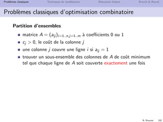 N. Brauner 191
Probl`emes classiques Techniques de mod´elisation Relaxation lin´eaire Branch  Bound
Probl`emes classiques d’optimisation combinatoire
Couverture d’ensembles
matrice A = (aij )i=1..n,j=1..m `a coeﬃcients 0 ou 1
cj  0, le coˆut de la colonne j
une colonne j couvre une ligne i si aij = 1
trouver un sous-ensemble des colonnes de A de coˆut minimum
tel que chaque ligne de A soit couverte au moins une fois
 
