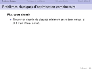 N. Brauner 193
Probl`emes classiques Techniques de mod´elisation Relaxation lin´eaire Branch  Bound
Probl`emes classiques d’optimisation combinatoire
Aﬀectation
N1 et N2 deux ensembles de mˆeme cardinal n
A ⊆ N1 × N2 : un collection de couples de nœuds repr´esentant
toutes les aﬀectations possibles
cij : coˆut du couple (i, j) ∈ A
trouver une aﬀectation de coˆut minimum tel que chaque
´el´ement de N1 est aﬀect´e `a un et un seul ´el´ement de N2
 