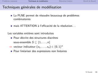 N. Brauner 195
Probl`emes classiques Techniques de mod´elisation Relaxation lin´eaire Branch  Bound
Plan
17 Probl`emes classiques
18 Techniques de mod´elisation
19 Relaxation lin´eaire
20 Branch  Bound
 