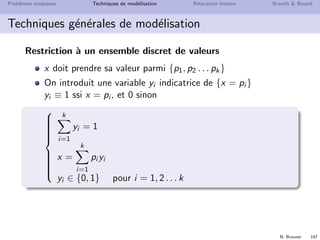 N. Brauner 196
Probl`emes classiques Techniques de mod´elisation Relaxation lin´eaire Branch  Bound
Techniques g´en´erales de mod´elisation
La PLNE permet de r´esoudre beaucoup de probl`emes
combinatoires
mais ATTENTION `a l’eﬃcacit´e de la r´esolution. . .
Les variables enti`eres sont introduites
Pour d´ecrire des structures discr`etes
sous-ensemble S ⊆ {1, . . . , n}
⇒ vecteur indicateur (x1, . . . , xn) ∈ {0, 1}n
Pour lin´eariser des expressions non lin´eaires
 