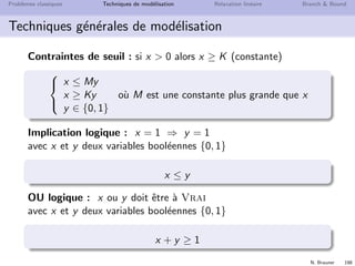 N. Brauner 197
Probl`emes classiques Techniques de mod´elisation Relaxation lin´eaire Branch  Bound
Techniques g´en´erales de mod´elisation
Restriction `a un ensemble discret de valeurs
x doit prendre sa valeur parmi {p1, p2 . . . pk}
On introduit une variable yi indicatrice de {x = pi }
yi ≡ 1 ssi x = pi , et 0 sinon



k
i=1
yi = 1
x =
k
i=1
pi yi
yi ∈ {0, 1} pour i = 1, 2 . . . k
 