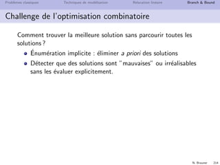 N. Brauner 213
Probl`emes classiques Techniques de mod´elisation Relaxation lin´eaire Branch  Bound
M´ethodes ´enum´eratives
Nombre ﬁni de solutions
F = {S1, S2, . . . , SN}
- Parcourir toutes les solutions
- Pour chaque S ∈ F, ´evaluer c(S)
- Retenir la meilleure solution
Probl`eme
Le nombre de solutions potentielles est ﬁni mais gigantesque
Esp´erance de vie du soleil 5 milliards d’ann´ees  258 secondes
 