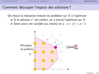N. Brauner 218
Probl`emes classiques Techniques de mod´elisation Relaxation lin´eaire Branch  Bound
´Enum´eration arborescente implicite
Pour r´esoudre z∗ = max{cx | x ∈ X }
On d´ecoupe l’ensemble des solutions X
Sur chaque Y ⊆ X, on calcule une borne sup´erieure B(Y ) de
l’optimum z∗(Y ).
Si B(Y ) ≤ `a la meilleure solution trouv´ee, alors on ´elague Y
Sinon on d´ecoupe r´ecursivement Y
 