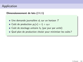 N. Brauner 230
Application
Dimensionnement de lots (DLS)
1 2 3 4 5 6 7 8
production
stock
demande
 