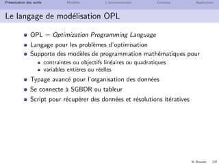N. Brauner 236
Pr´esentation des outils Mod`eles L’environnement Donn´ees Application
Modeleur et solveur
min cx
s.c. Ax = b
l ≤ x ≤ u
solveur
mod`ele
dvar a[] ;
. . .
donn´ees
brutes
(BD, GUI. . . )
output
(BD, GUI
tableur)
e
ee
¡
¡¡
modeleur
c
T
T
E
l, u
c, A, b
x, cx
a[]
Solveurs : CPLEX, LPSolve, XPRESS, MINOS, Gurobi. . .
Langages de mod´elisation : GAMS (pionnier), OPL, AMPL,
AIMMS. . .
 