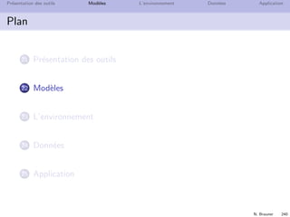N. Brauner 239
Pr´esentation des outils Mod`eles L’environnement Donn´ees Application
Int´egrer un mod`ele dans une application
D´evelopper un mod`ele OPL avec OPL IDE
(mod`ele et donn´ees s´epar´es)
Compiler dans OPL IDE
´Ecrire code dans langage pr´ef´er´e pour
g´en´erer dynamiquement le ﬁchier de donn´ees
lire le mod`ele et les donn´ees
r´esoudre le probl`eme
r´ecup´erer la solution
(C++, MS.net, Java, ASP.net, JSP)
 