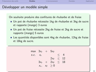 N. Brauner 240
Pr´esentation des outils Mod`eles L’environnement Donn´ees Application
Plan
21 Pr´esentation des outils
22 Mod`eles
23 L’environnement
24 Donn´ees
25 Application
 