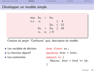 N. Brauner 241
Pr´esentation des outils Mod`eles L’environnement Donn´ees Application
D´evelopper un mod`ele simple
On souhaite produire des conﬁtures de rhubarbe et de fraise
Un pot de rhubarbe n´ecessite 1kg de rhubarbe et 3kg de sucre
et rapporte (marge) 3 euros
Un pot de fraise n´ecessite 2kg de fraise et 2kg de sucre et
rapporte (marge) 5 euros
Les quantit´es disponibles sont 4kg de rhubarbe, 12kg de fraise
et 18kg de sucre.
max 3xr + 5xf
s.c. xr ≤ 4
2xf ≤ 12
3xr + 2xf ≤ 18
xr , xf ≥ 0
 