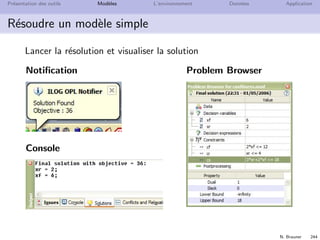 N. Brauner 243
Pr´esentation des outils Mod`eles L’environnement Donn´ees Application
D´evelopper un mod`ele simple
L’´editeur
Commentaires en vert
Mots cl´es en bleu
 