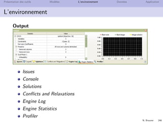 N. Brauner 245
Pr´esentation des outils Mod`eles L’environnement Donn´ees Application
Plan
21 Pr´esentation des outils
22 Mod`eles
23 L’environnement
24 Donn´ees
25 Application
 