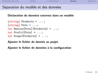 N. Brauner 252
Pr´esentation des outils Mod`eles L’environnement Donn´ees Application
S´eparation du mod`ele et des donn´ees
Dans l’exercice conﬁture, saisir les donn´ees dans un ﬁchier .dat
D´eclaration des donn´ees dans un ﬁchier .dat
Produits = {rhubarbe, fraise, sucre} ;
Pots = {ConfRhubarbe, ConfFraise};
Besoin = [
ConfRhubarbe:[1, 0, 3],
ConfFraise:[0, 2, 2]
] ;
Profit = [3, 5];
Dispo = [4, 12, 18] ;
 