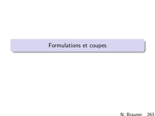 N. Brauner 262
Pr´esentation des outils Mod`eles L’environnement Donn´ees Application
Pour aller plus loin
Donn´ees dans Excel
Ilog script
Application VB
Web appli et Java
AMPL : un autre langage de mod´elisation
http://www.ampl.com
 