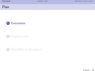 N. Brauner 264
Formulation In´egalit´e valide Algorithme de plan s´ecant
Plan
26 Formulation
27 In´egalit´e valide
28 Algorithme de plan s´ecant
 
