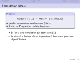 N. Brauner 273
Formulation In´egalit´e valide Algorithme de plan s´ecant
Formulation Id´eale
Une formulation P est
”meilleure” que P si P ⊂ P
La formulation id´eale est la
formulation la plus proche
de X
C’est l’enveloppe convexe
conv(X)
conv(X)
X
 