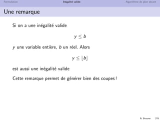 N. Brauner 277
Formulation In´egalit´e valide Algorithme de plan s´ecant
In´egalit´e valide
Probl`eme combinatoire `a r´esoudre
max{cx | x ∈ X} avec X ⊆ Zn
D´eﬁnition
Une in´egalit´e valide est une in´egalit´e πx ≤ π0 v´eriﬁ´ee par tous les
points de X
X
 