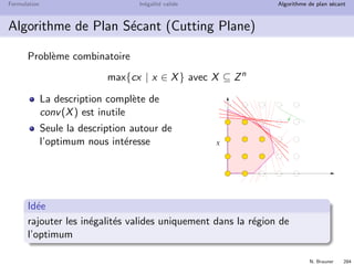 N. Brauner 283
Formulation In´egalit´e valide Algorithme de plan s´ecant
Probl´ematique
Formulation initiale
P = {x ∈ Rn | Ax ≤ b}
Famille F de coupes
On veut am´eliorer la formulation
pour d´ecrire conv(X)
X
Le plus simple : reformuler en ajoutant F `a P
Le probl`eme : |F|  1
Ajouter toutes les coupes a priori est d´eraisonnable
 