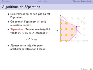 N. Brauner 284
Formulation In´egalit´e valide Algorithme de plan s´ecant
Algorithme de Plan S´ecant (Cutting Plane)
Probl`eme combinatoire
max{cx | x ∈ X} avec X ⊆ Zn
La description compl`ete de
conv(X) est inutile
Seule la description autour de
l’optimum nous int´eresse X
Id´ee
rajouter les in´egalit´es valides uniquement dans la r´egion de
l’optimum
 