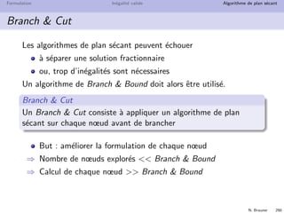 N. Brauner 289
Formulation In´egalit´e valide Algorithme de plan s´ecant
Comparaison avec le Branch  Bound
Algorithme de Plan S´ecant : raﬃne la description du poly`edre
autour de l’optimal
Algorithme de Branch  Bound : d´ecoupe le poly`edre en
morceaux
P
X
x*
P
X
 