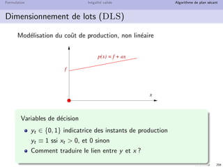 N. Brauner 293
Formulation In´egalit´e valide Algorithme de plan s´ecant
Dimensionnement de lots (DLS)
Une demande journali`ere dt sur un horizon T
Coˆut de production pt(x) = ft + atx
Coˆut de stockage unitaire h (par jour par unit´e)
Quel plan de production choisir pour minimiser les coˆuts ?
 