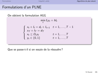 N. Brauner 294
Formulation In´egalit´e valide Algorithme de plan s´ecant
Dimensionnement de lots (DLS)
Mod´elisation du coˆut de production, non lin´eaire
x
f
p(x) = f + ax
Variables de d´ecision
yt ∈ {0, 1} indicatrice des instants de production
yt ≡ 1 ssi xt  0, et 0 sinon
Comment traduire le lien entre y et x ?
 