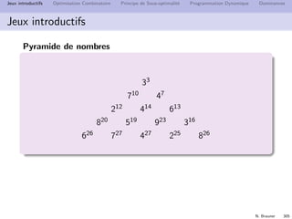 N. Brauner 304
Jeux introductifs Optimisation Combinatoire Principe de Sous-optimalit´e Programmation Dynamique Dominances
Jeux introductifs
Pyramide de nombres
Trouver un chemin de haut en bas qui maximise la somme des
nombres travers´es
3
7 4
2 4 6
8 5 9 3
6 7 4 2 8
3
7 4
2 4 6
8 5 9 3
6 7 4 2 8
3
7 4
2 4 6
8 5 9 3
6 7 4 2 8
 