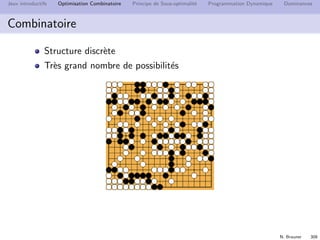 N. Brauner 307
Jeux introductifs Optimisation Combinatoire Principe de Sous-optimalit´e Programmation Dynamique Dominances
Plan
29 Jeux introductifs
30 Optimisation Combinatoire
31 Principe de Sous-optimalit´e
32 Programmation Dynamique
33 Dominances
 