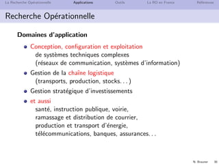 N. Brauner 30
La Recherche Op´erationnelle Applications Outils La RO en France R´ef´erences
Recherche Op´erationnelle
Domaines d’application
Conception, conﬁguration et exploitation
de syst`emes techniques complexes
(r´eseaux de communication, syst`emes d’information)
Gestion de la chaˆıne logistique
(transports, production, stocks. . . )
Gestion strat´egique d’investissements
et aussi
sant´e, instruction publique, voirie,
ramassage et distribution de courrier,
production et transport d’´energie,
t´el´ecommunications, banques, assurances. . .
 